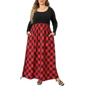 Women's Plus Size Long Sleeve Plaid Maxi Dress With Pockets